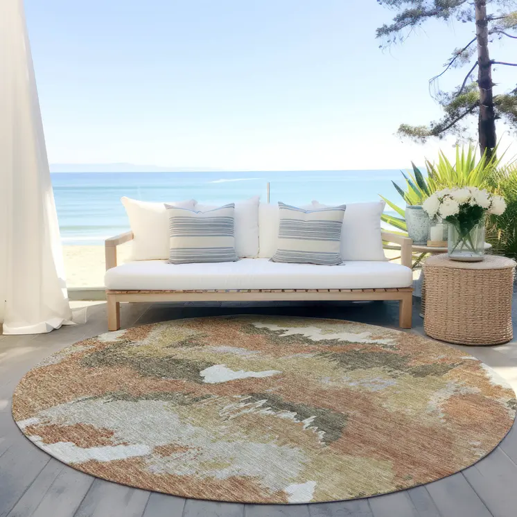 8' Copper Ivory And Brown Round Abstract Washable Indoor Outdoor Area Rug