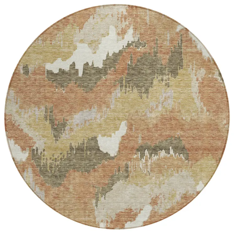 8' Copper Ivory And Brown Round Abstract Washable Indoor Outdoor Area Rug
