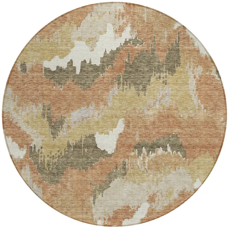 8' Copper Ivory And Brown Round Abstract Washable Indoor Outdoor Area Rug