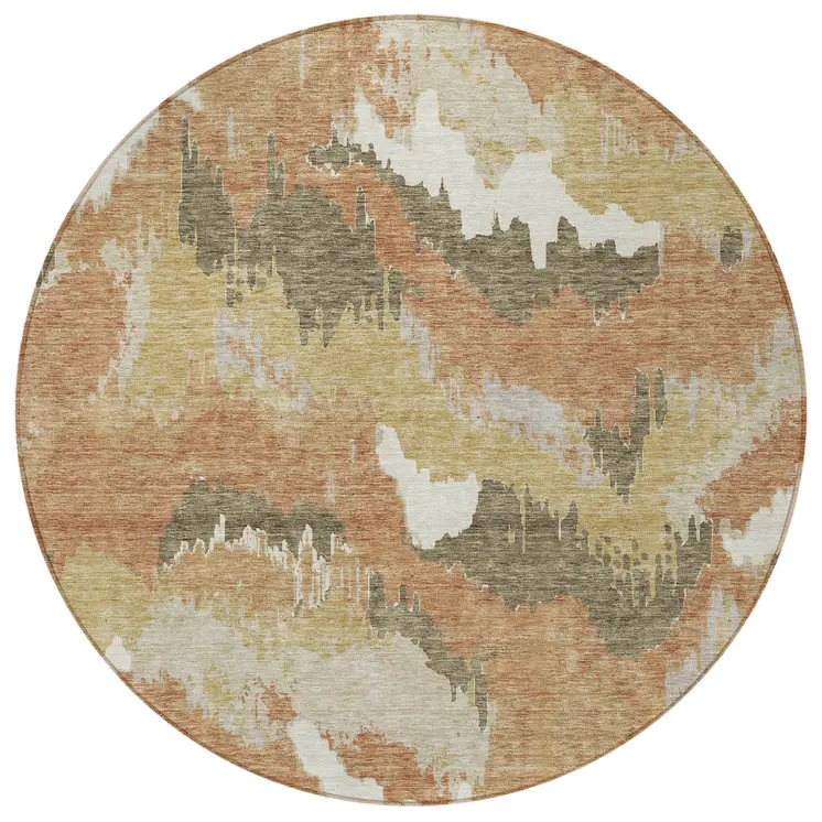 8' Copper Ivory And Brown Round Abstract Washable Indoor Outdoor Area Rug