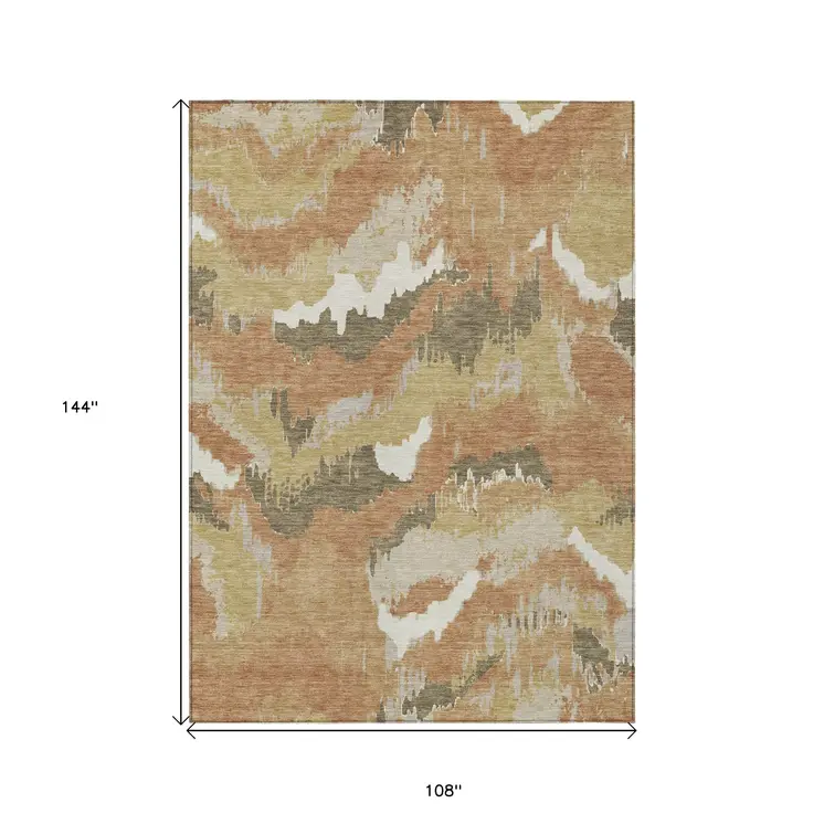 9' X 12' Copper Ivory And Brown Abstract Washable Indoor Outdoor Area Rug