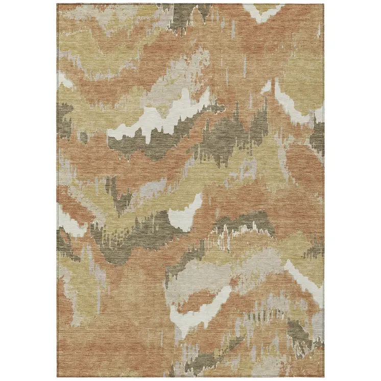 9' X 12' Copper Ivory And Brown Abstract Washable Indoor Outdoor Area Rug