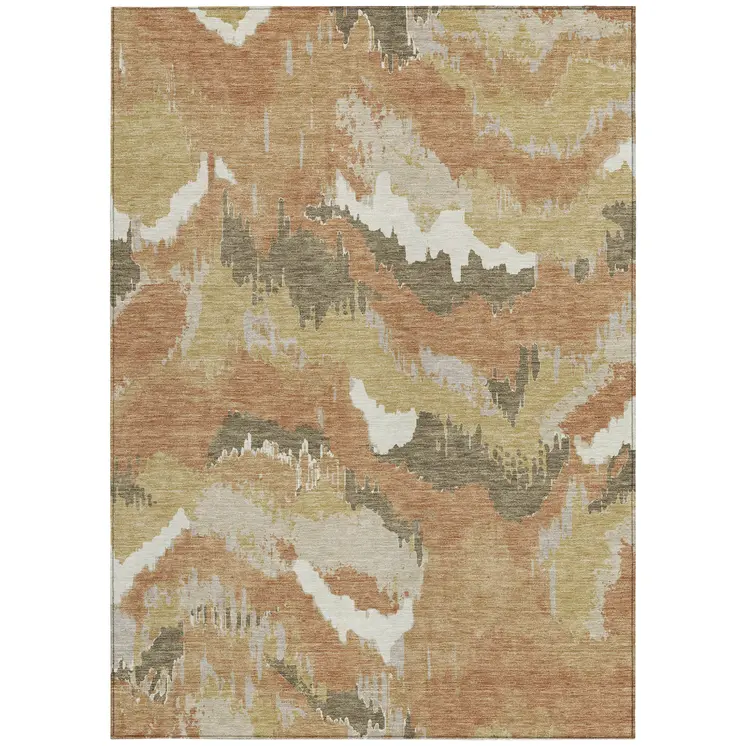 10' X 14' Copper Ivory And Brown Abstract Washable Indoor Outdoor Area Rug