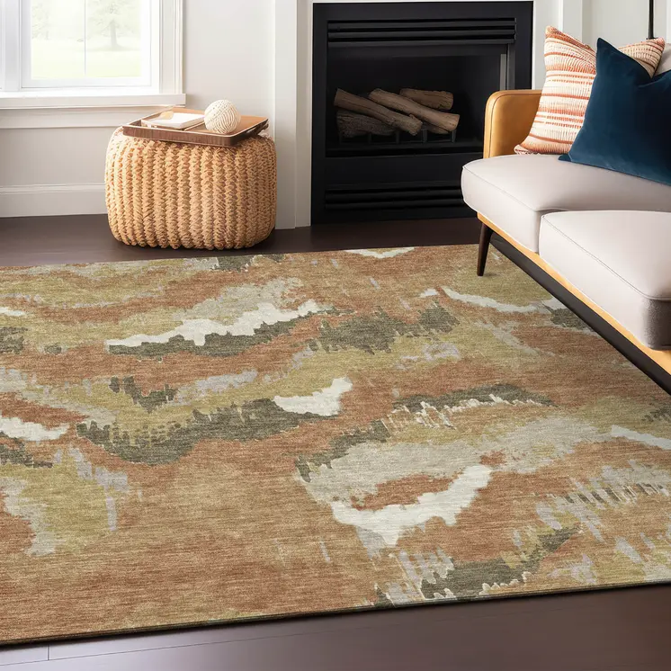 10' X 14' Copper Ivory And Brown Abstract Washable Indoor Outdoor Area Rug