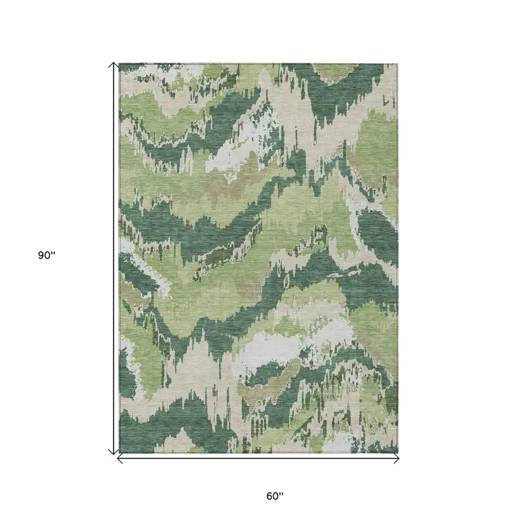 5' X 8' Green Ivory And Beige Abstract Washable Indoor Outdoor Area Rug