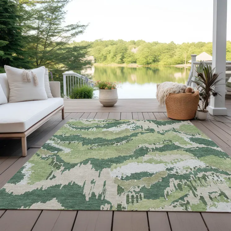 5' X 8' Green Ivory And Beige Abstract Washable Indoor Outdoor Area Rug
