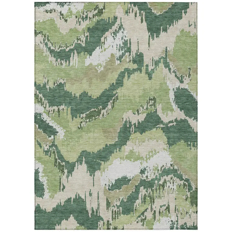 5' X 8' Green Ivory And Beige Abstract Washable Indoor Outdoor Area Rug
