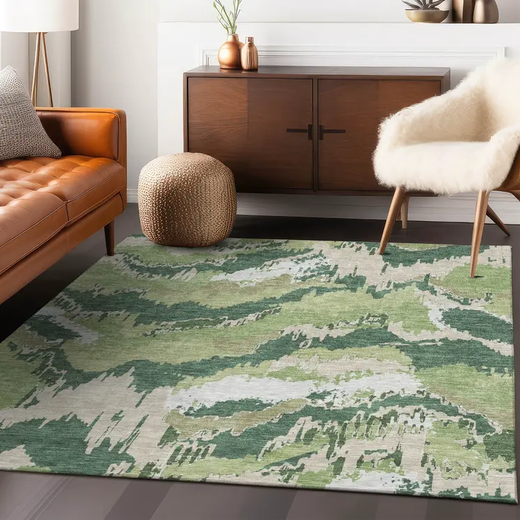5' X 8' Green Ivory And Beige Abstract Washable Indoor Outdoor Area Rug