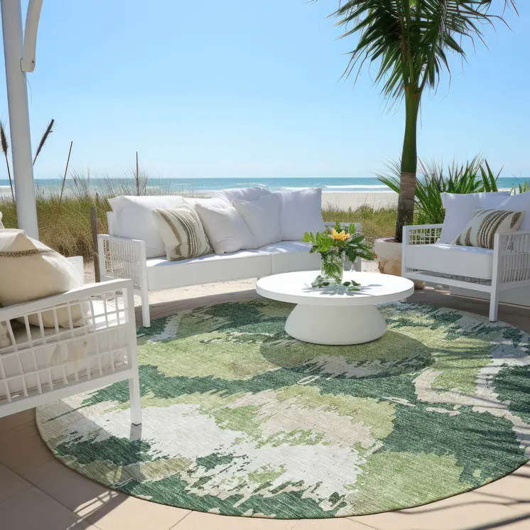 8' Green Ivory And Beige Round Abstract Washable Indoor Outdoor Area Rug