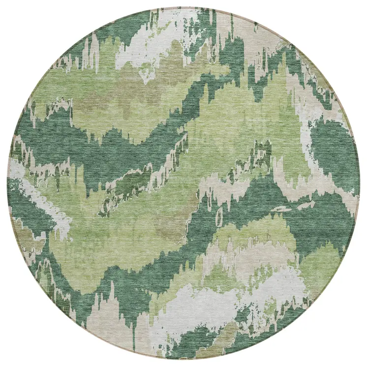 8' Green Ivory And Beige Round Abstract Washable Indoor Outdoor Area Rug
