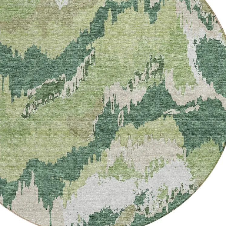 8' Green Ivory And Beige Round Abstract Washable Indoor Outdoor Area Rug