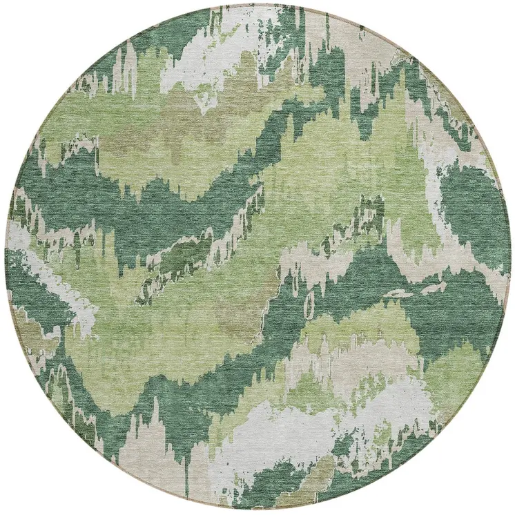 8' Green Ivory And Beige Round Abstract Washable Indoor Outdoor Area Rug