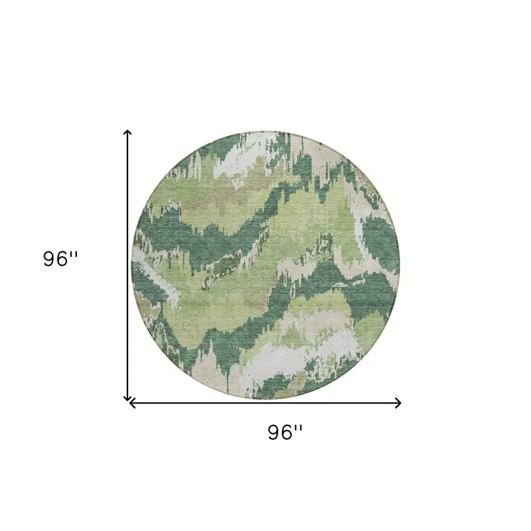 8' Green Ivory And Beige Round Abstract Washable Indoor Outdoor Area Rug