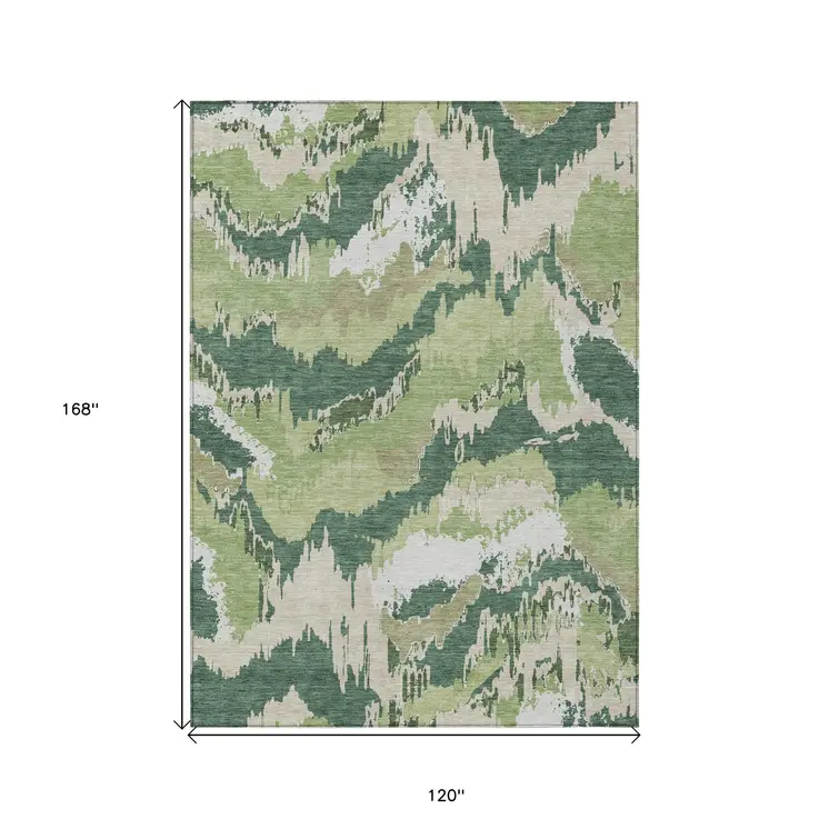 10' X 14' Green Ivory And Beige Abstract Washable Indoor Outdoor Area Rug