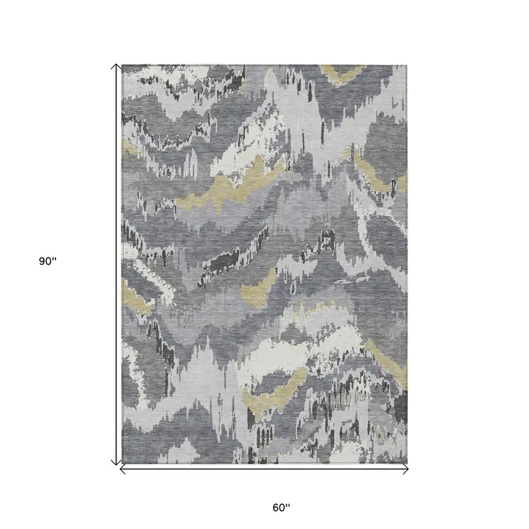 5' X 8' Gray Silver And Charcoal Abstract Washable Indoor Outdoor Area Rug
