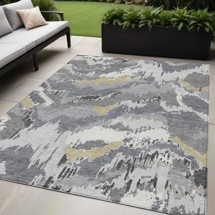 5' X 8' Gray Silver And Charcoal Abstract Washable Indoor Outdoor Area Rug