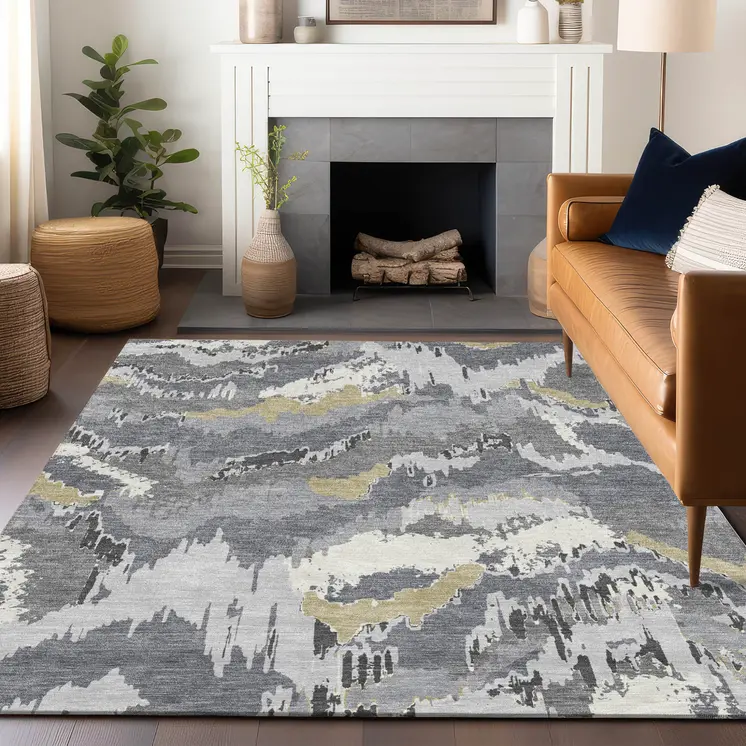 5' X 8' Gray Silver And Charcoal Abstract Washable Indoor Outdoor Area Rug