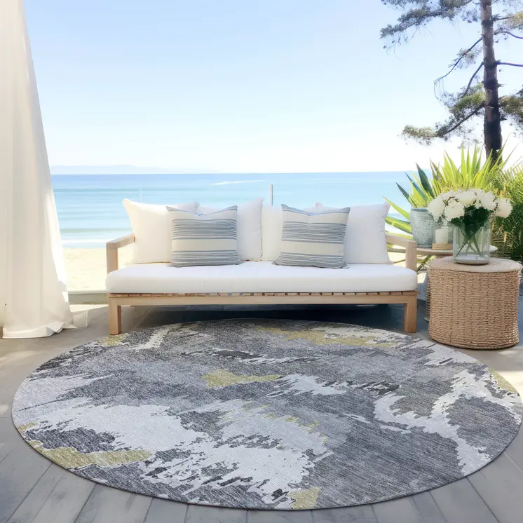 8' Gray Silver And Charcoal Round Abstract Washable Indoor Outdoor Area Rug