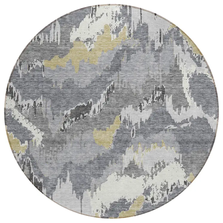 8' Gray Silver And Charcoal Round Abstract Washable Indoor Outdoor Area Rug