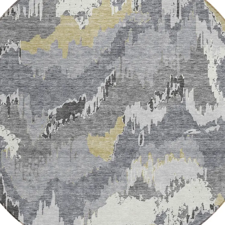 8' Gray Silver And Charcoal Round Abstract Washable Indoor Outdoor Area Rug