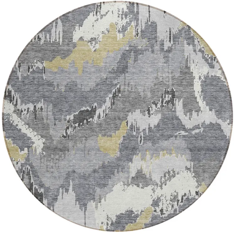8' Gray Silver And Charcoal Round Abstract Washable Indoor Outdoor Area Rug