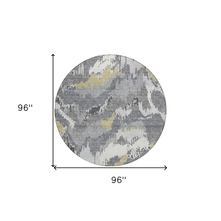 8' Gray Silver And Charcoal Round Abstract Washable Indoor Outdoor Area Rug
