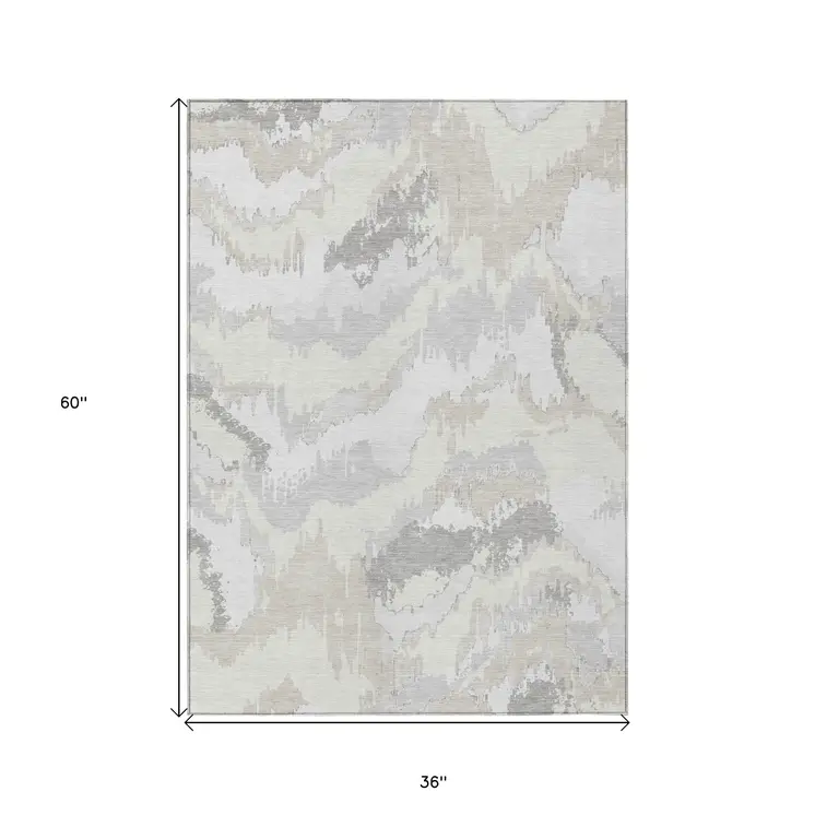 3' X 5' Ivory Beige And Cream Abstract Washable Indoor Outdoor Area Rug