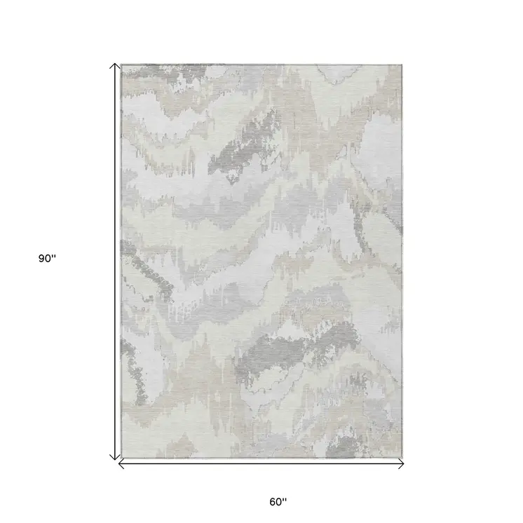 5' X 8' Ivory Beige And Cream Abstract Washable Indoor Outdoor Area Rug