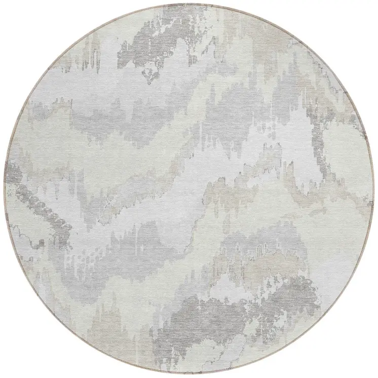 8' Ivory Beige And Cream Round Abstract Washable Indoor Outdoor Area Rug