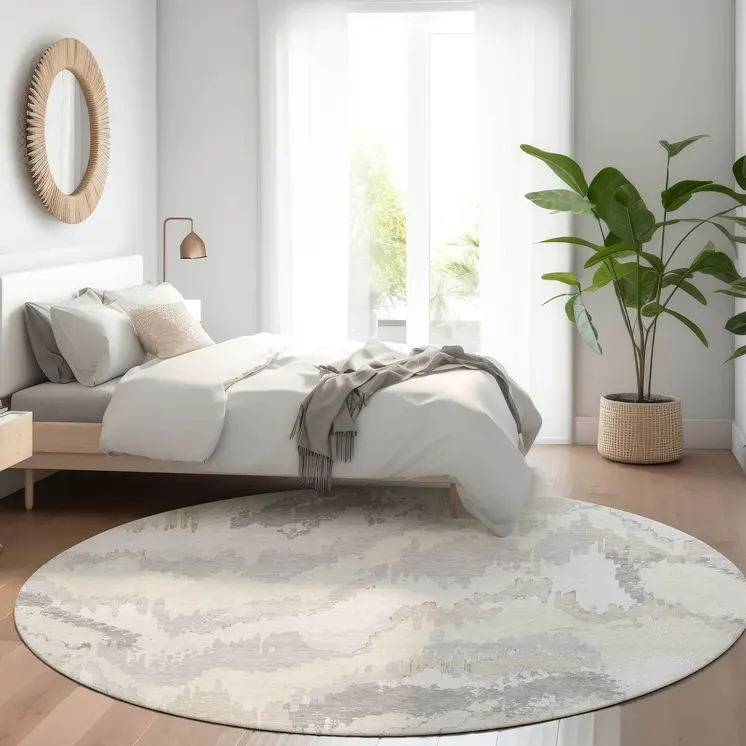 8' Ivory Beige And Cream Round Abstract Washable Indoor Outdoor Area Rug