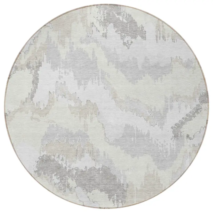 8' Ivory Beige And Cream Round Abstract Washable Indoor Outdoor Area Rug