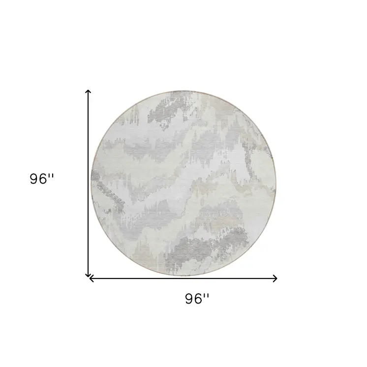 8' Ivory Beige And Cream Round Abstract Washable Indoor Outdoor Area Rug