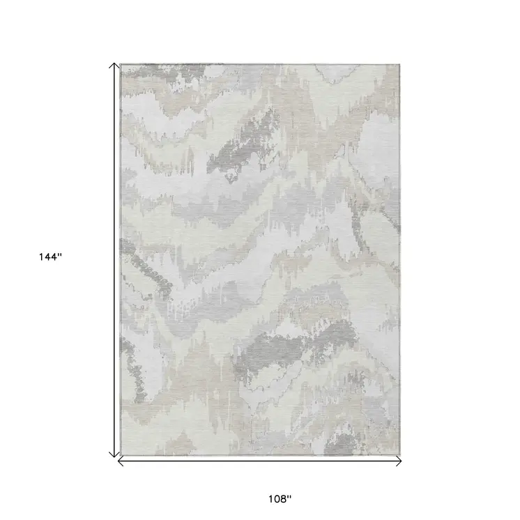 9' X 12' Ivory Beige And Cream Abstract Washable Indoor Outdoor Area Rug
