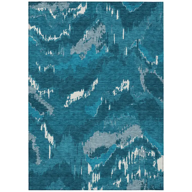 5' X 8' Navy Blue And Teal Blue Abstract Washable Indoor Outdoor Area Rug