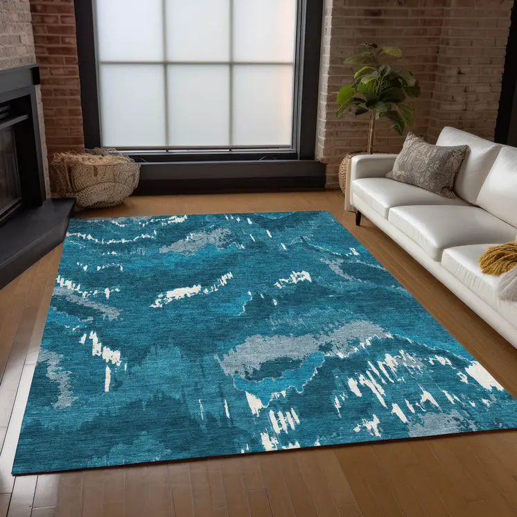 5' X 8' Navy Blue And Teal Blue Abstract Washable Indoor Outdoor Area Rug