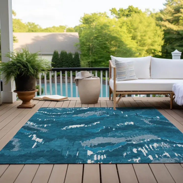 5' X 8' Navy Blue And Teal Blue Abstract Washable Indoor Outdoor Area Rug