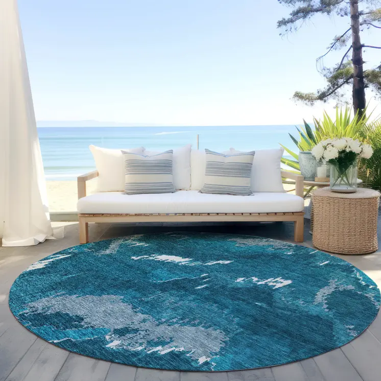 8' Navy Blue And Teal Blue Round Abstract Washable Indoor Outdoor Area Rug