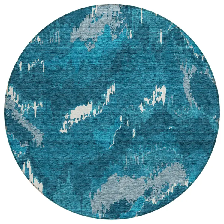 8' Navy Blue And Teal Blue Round Abstract Washable Indoor Outdoor Area Rug