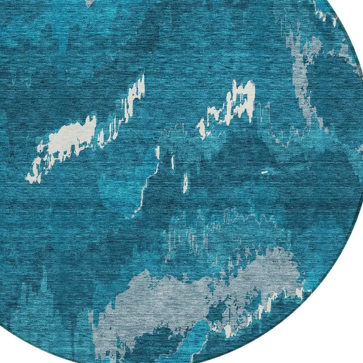 8' Navy Blue And Teal Blue Round Abstract Washable Indoor Outdoor Area Rug