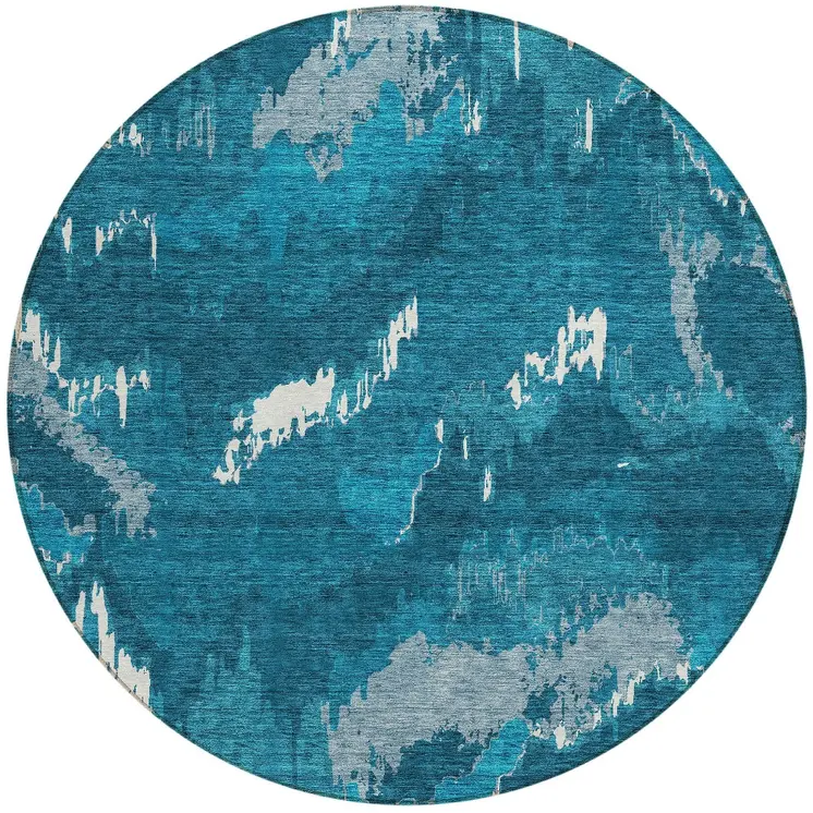 8' Navy Blue And Teal Blue Round Abstract Washable Indoor Outdoor Area Rug