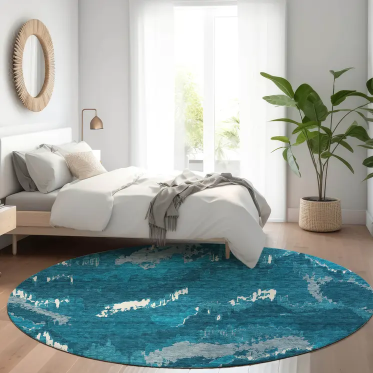 8' Navy Blue And Teal Blue Round Abstract Washable Indoor Outdoor Area Rug