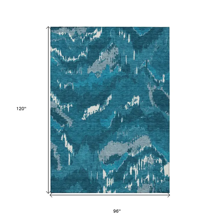 8' X 10' Navy Blue And Teal Blue Abstract Washable Indoor Outdoor Area Rug