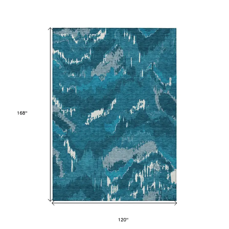 10' X 14' Navy Blue And Teal Blue Abstract Washable Indoor Outdoor Area Rug
