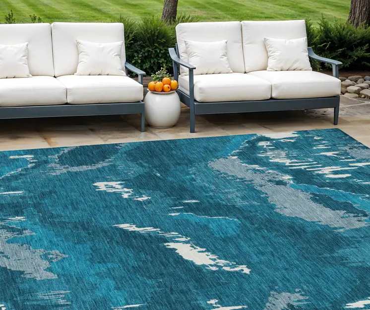 10' X 14' Navy Blue And Teal Blue Abstract Washable Indoor Outdoor Area Rug