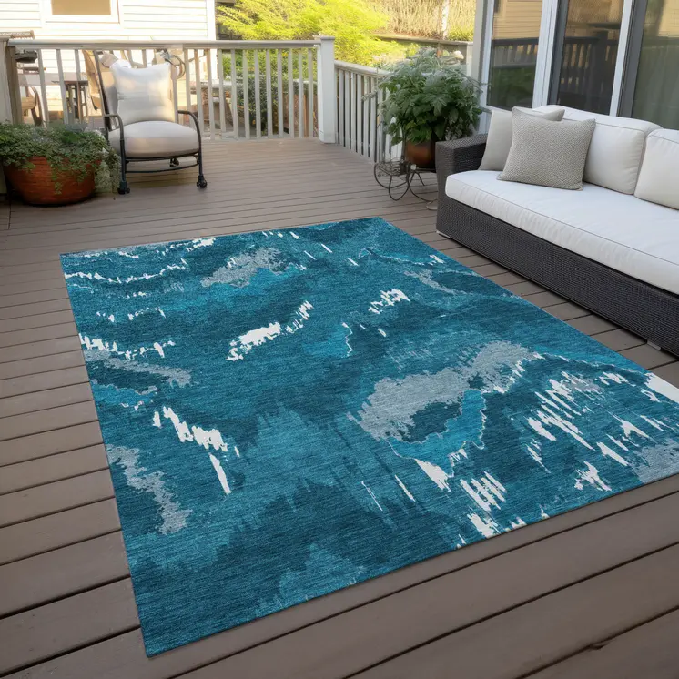 10' X 14' Navy Blue And Teal Blue Abstract Washable Indoor Outdoor Area Rug
