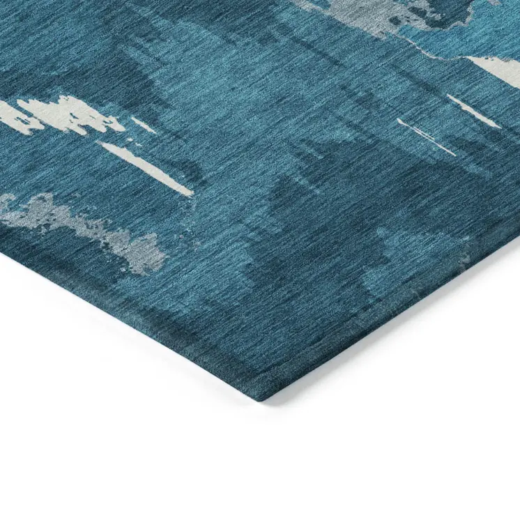 10' X 14' Navy Blue And Teal Blue Abstract Washable Indoor Outdoor Area Rug