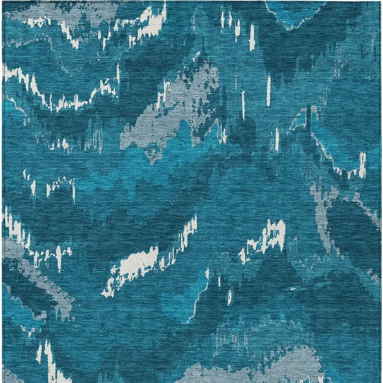 10' X 14' Navy Blue And Teal Blue Abstract Washable Indoor Outdoor Area Rug