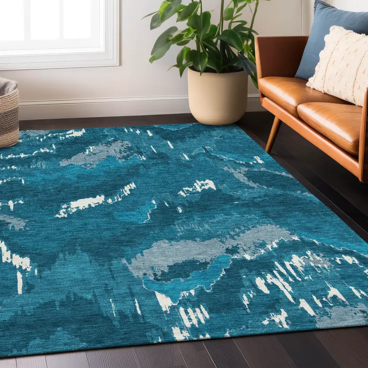 10' X 14' Navy Blue And Teal Blue Abstract Washable Indoor Outdoor Area Rug