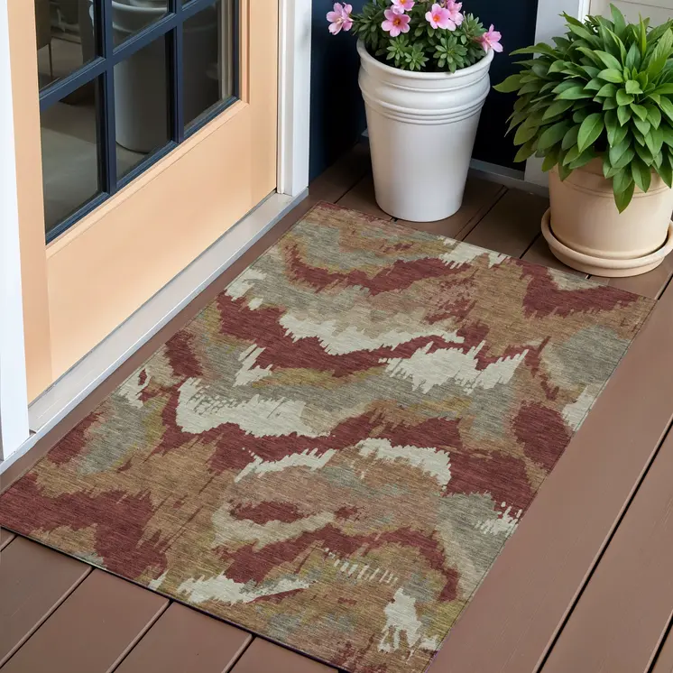 3' X 5' Orange Copper And Beige Abstract Washable Indoor Outdoor Area Rug
