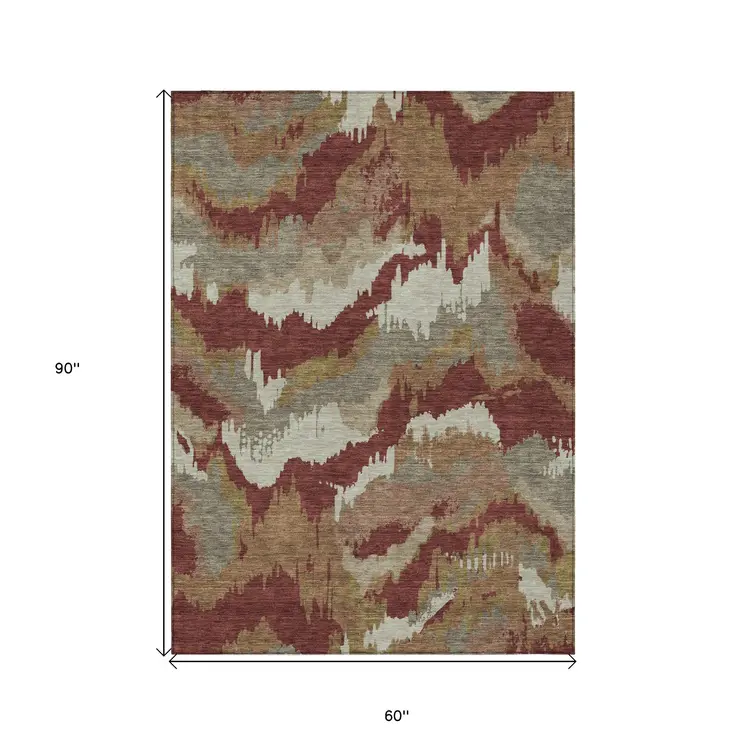 5' X 8' Orange Copper And Beige Abstract Washable Indoor Outdoor Area Rug